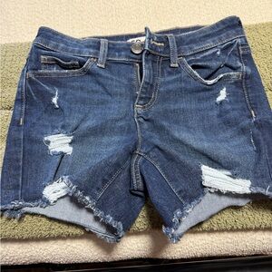 SO Dark Blue Distressed Denim Cutoff Shorts with Frayed Hem